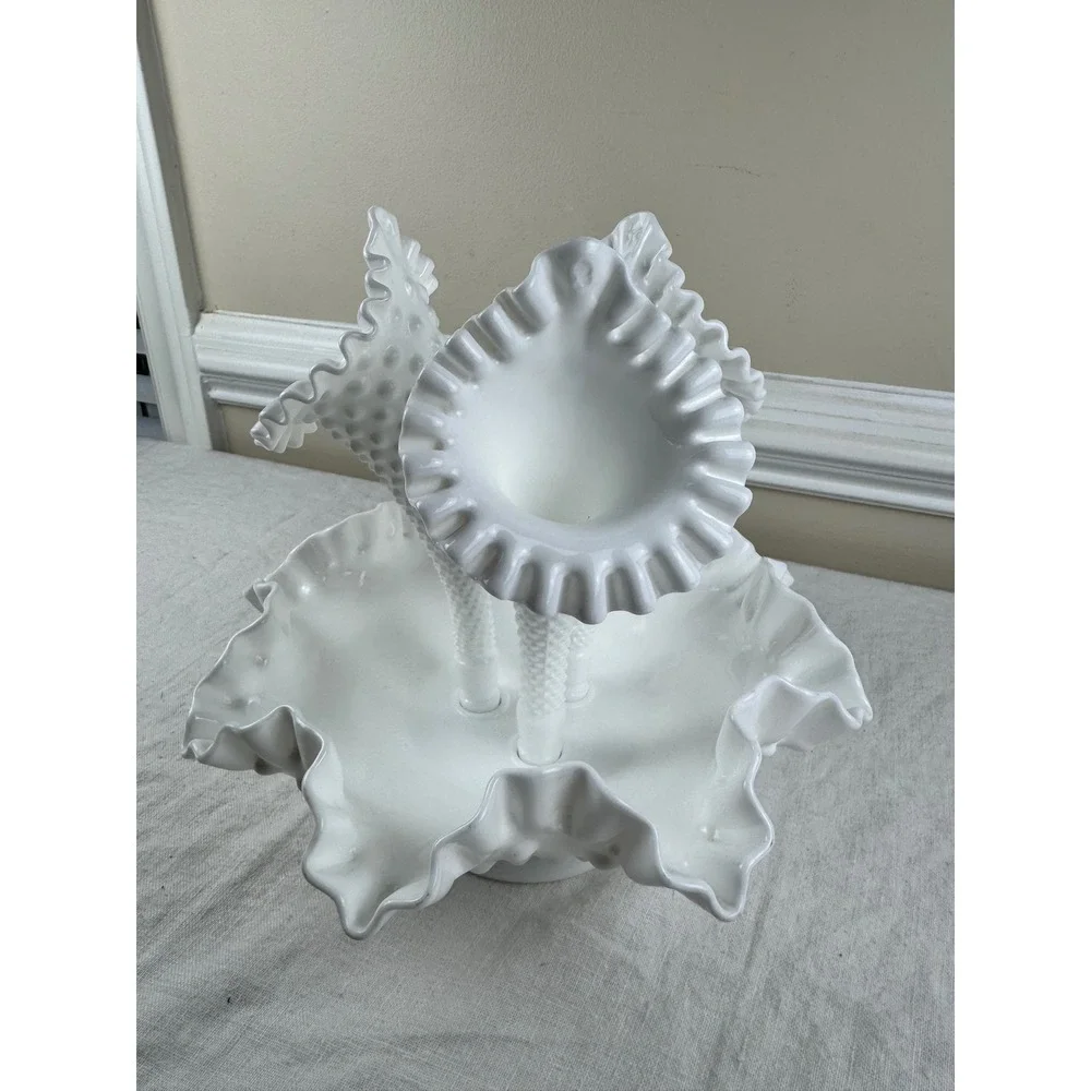 Fenton White Milk Glass Hobnail 3-Horn Epergne Ruffled Centerpiece Vase 4-Piece